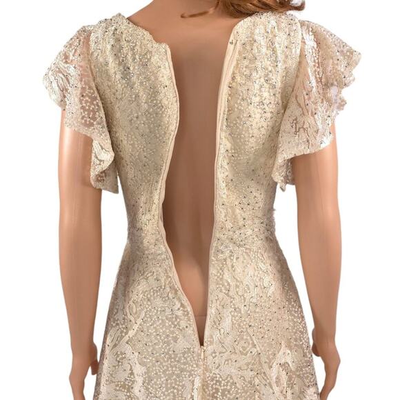 Mac Duggal Flutter Sleeve V-Neck Gown Ivory Nude Formal Maxi Beaded FLAWED - Picture 10 of 16